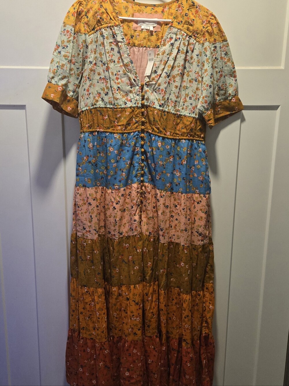 Anthropologie Patchwork Floral Maxi Dress — Mustard, Blue & Pink